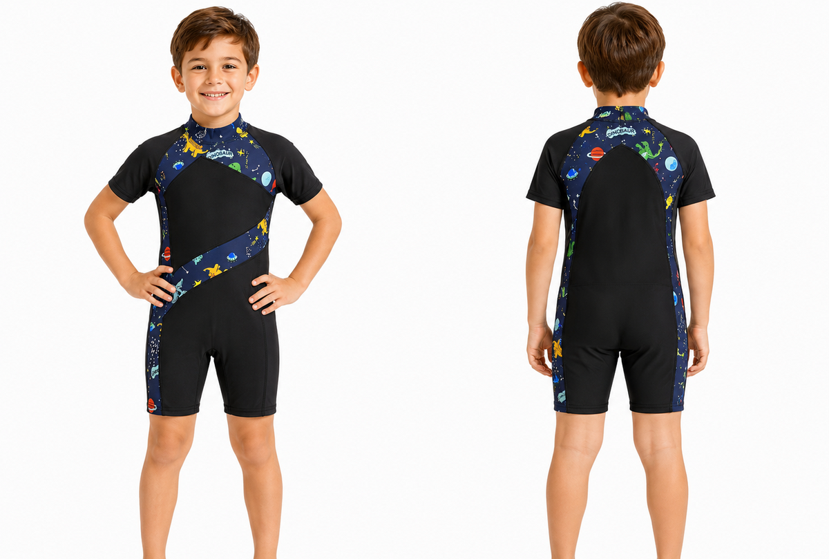 Kids Dinosaur Space Print Short Sleeve Swimsuit