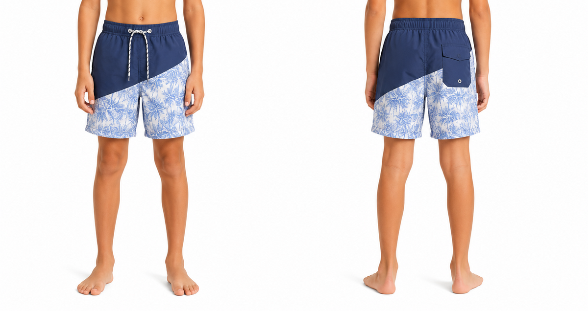 Men Palm Print Color Block Swim Shorts