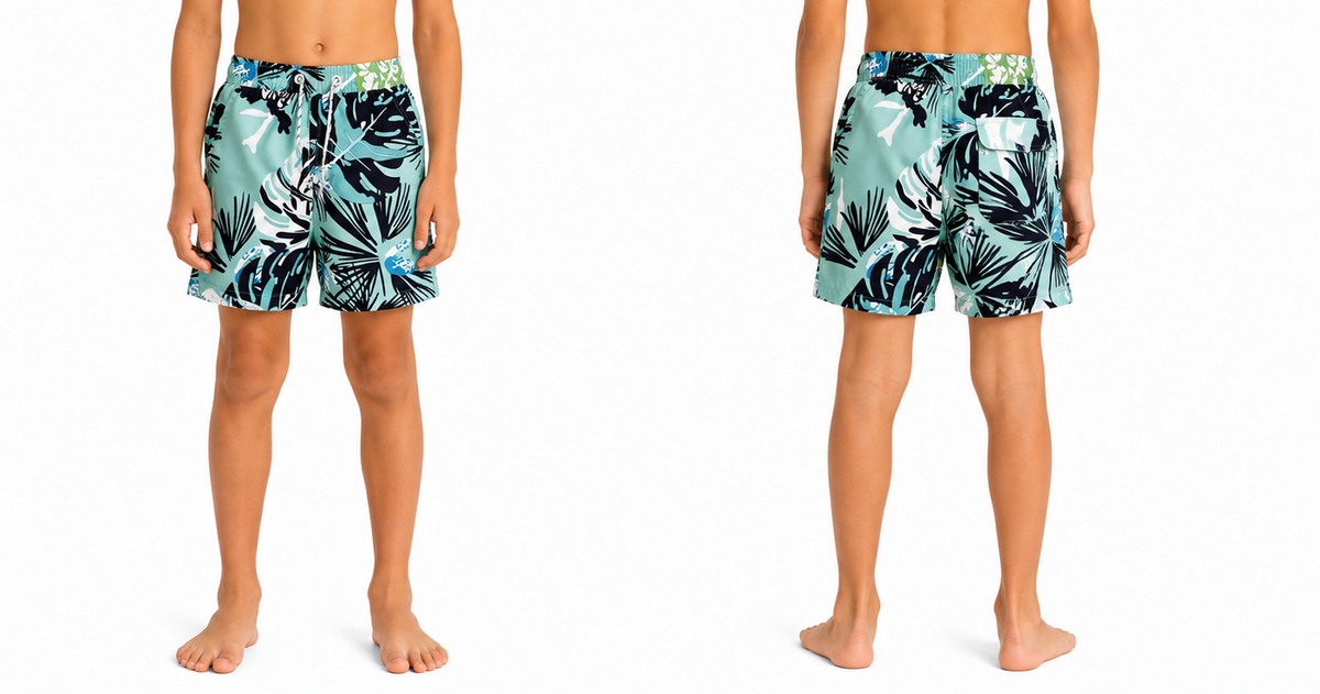 Men Aqua Tropical Leaf Print Swim Shorts
