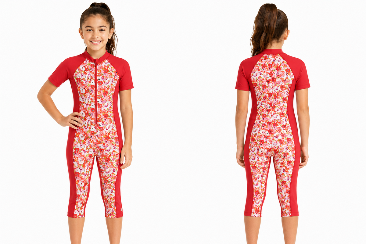 Girls Floral Print Short Sleeve Swimsuit