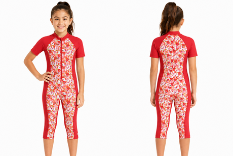 Girls Floral Print Short Sleeve Swimsuit