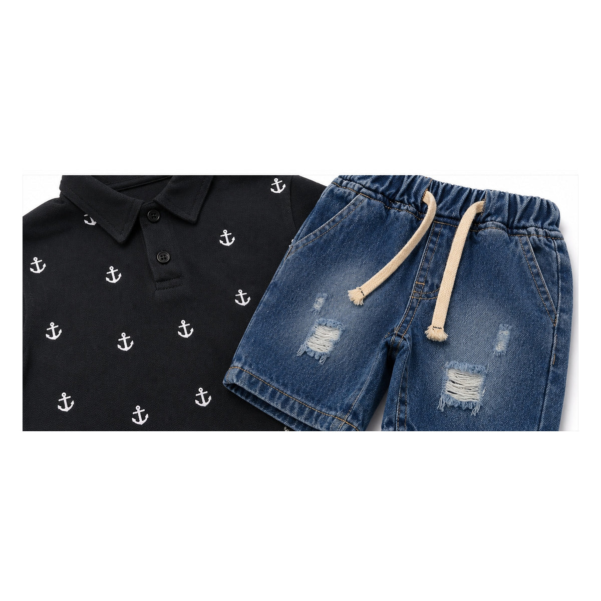Boys Anchor Print Polo T Shirt And Denim Shorts Set