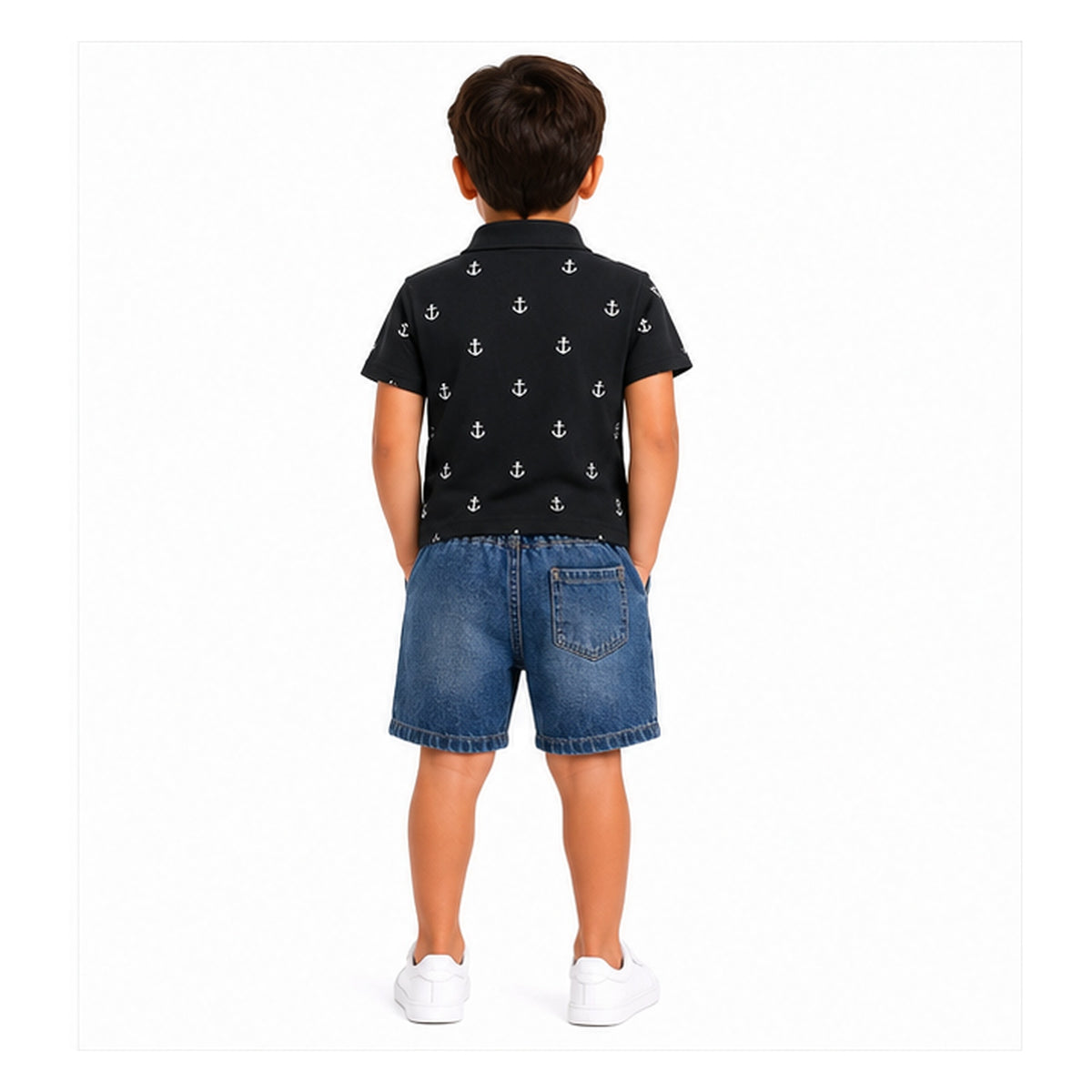 Boys Anchor Print Polo T Shirt And Denim Shorts Set