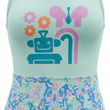 Girls Sleeveless Printed Swim Romper
