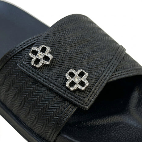 Textured Slip On Slides With Crystal Floral Embellishment