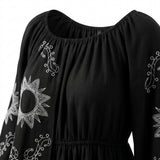 Casual Embroidered Balloon Sleeve Midi Dress