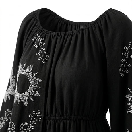 Casual Embroidered Balloon Sleeve Midi Dress