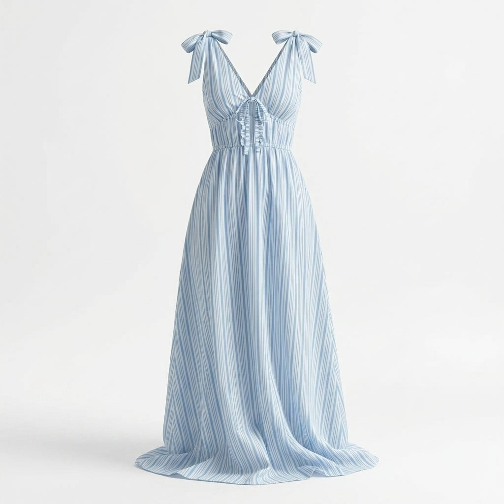 Women Striped Tie Shoulder Maxi Dress