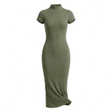 Casual Ribbed Mock Neck Short Sleeve Maxi Dress