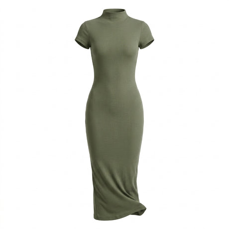 Casual Ribbed Mock Neck Short Sleeve Maxi Dress