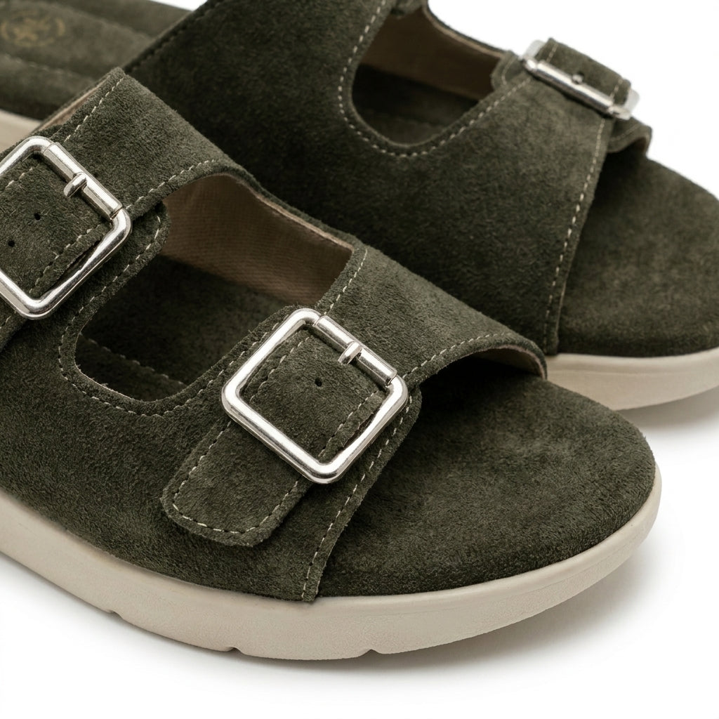 Women Suede Look Double Buckle Slide Sandals