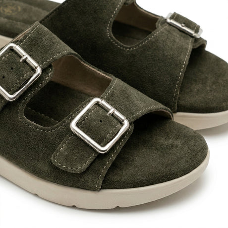 Women Suede Look Double Buckle Slide Sandals