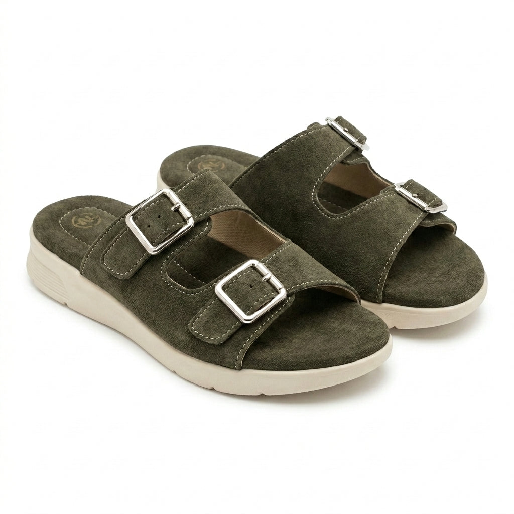 Women Suede Look Double Buckle Slide Sandals