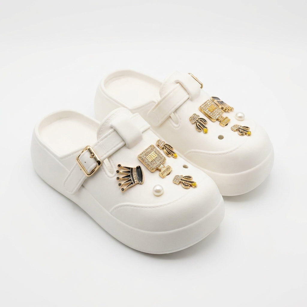 Girls Pearl And Chain Charm Clog Sandals With Buckle Strap