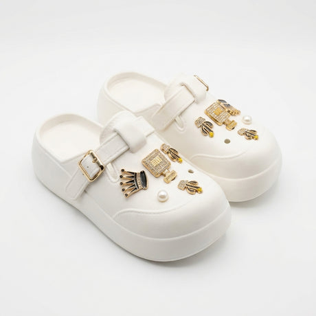 Girls Pearl And Chain Charm Clog Sandals With Buckle Strap