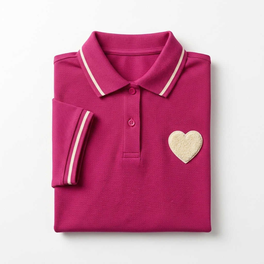 Casual Contrast Trim Short Sleeve Polo Top With Heart