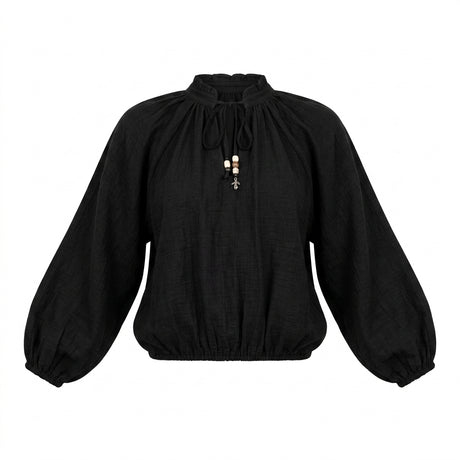 Casual Women Tie Neck Long Sleeve Peasant Blouse Semon