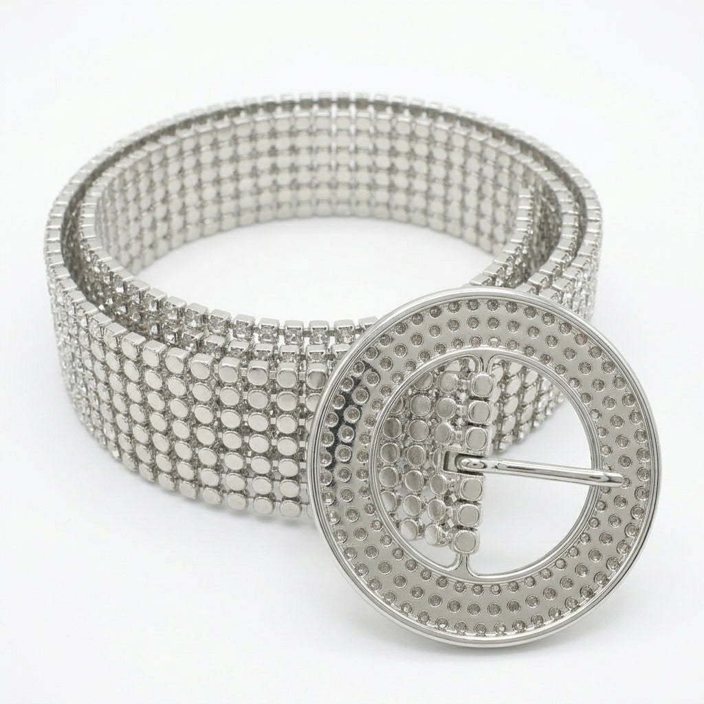 Women Tone Rhinestone Mesh Waist Belt With Rou Buckle