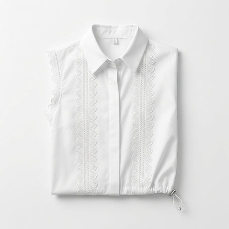 Women Lace Trim Sleeveless Collared Blouse