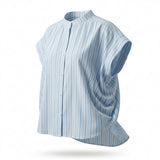 Women Striped Cap Sleeve Button Front Blouse