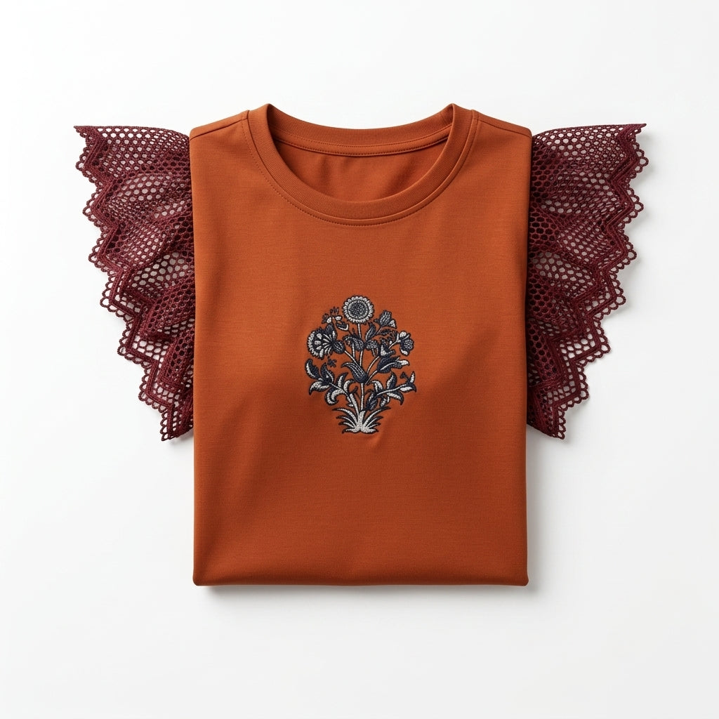 Women Lace Sleeve Embroidered Top