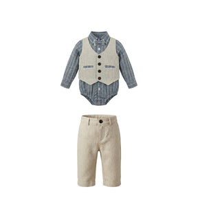 Boys 4 Piece Formal Outfit Set With Striped Bodysuit And Trousers