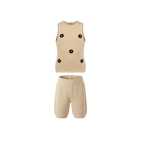 Girls Knitted Sleeveless Top And Pants Set With Floral Appliqués