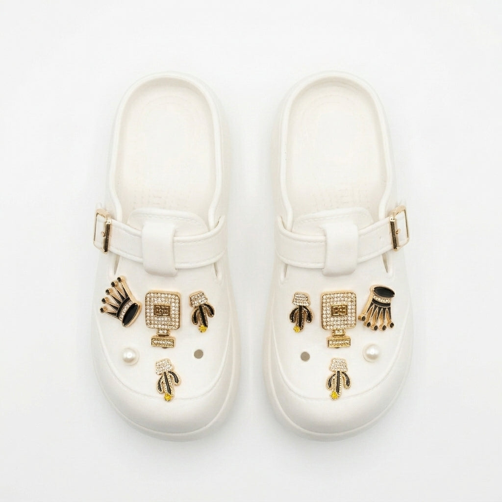 Girls Pearl And Chain Charm Clog Sandals With Buckle Strap