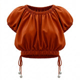 Casual Rose Ruched Crop Top With Side Tie