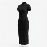Casual Ribbed Mock Neck Short Sleeve Maxi Dress