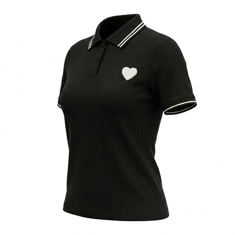 Casual Contrast Trim Short Sleeve Polo Top With Heart
