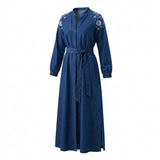 Casual Denim Open Front Longline Abaya With Embroidered Shoulder