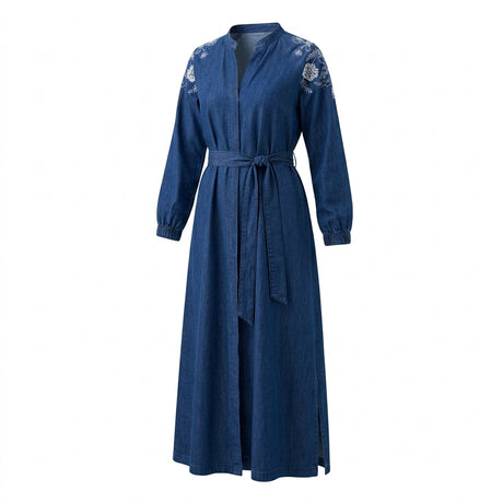 Casual Denim Open Front Longline Abaya With Embroidered Shoulder