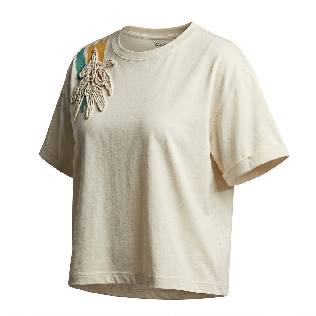 Casual Women Floral Applique Short Sleeve T Shirt