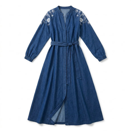 Casual Denim Open Front Longline Abaya With Embroidered Shoulder