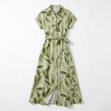 Women Leaf Print Button Front Midi Dress