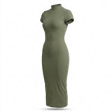 Casual Ribbed Mock Neck Short Sleeve Maxi Dress