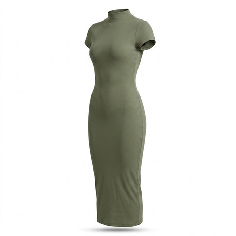 Casual Ribbed Mock Neck Short Sleeve Maxi Dress