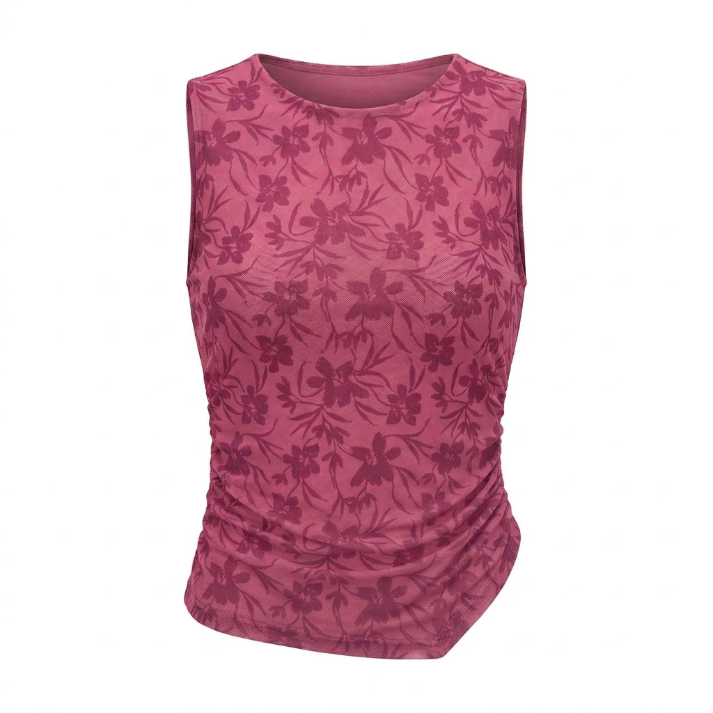 Casual Floral Mesh Ruched Sleeveless Top