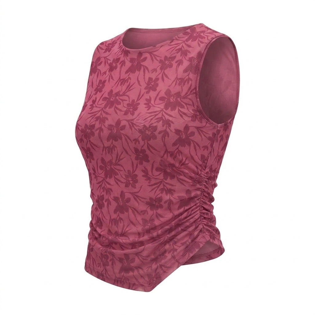 Casual Floral Mesh Ruched Sleeveless Top