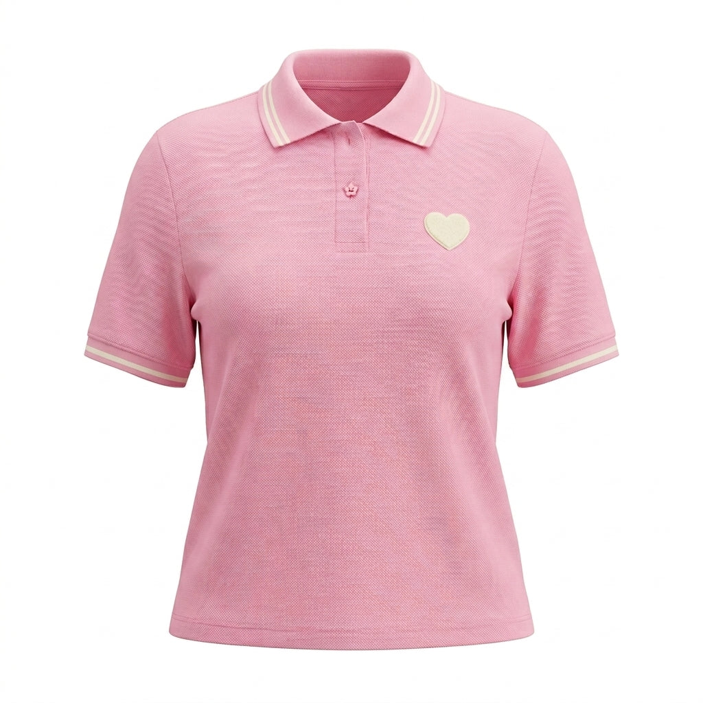 Casual Contrast Trim Short Sleeve Polo Top With Heart