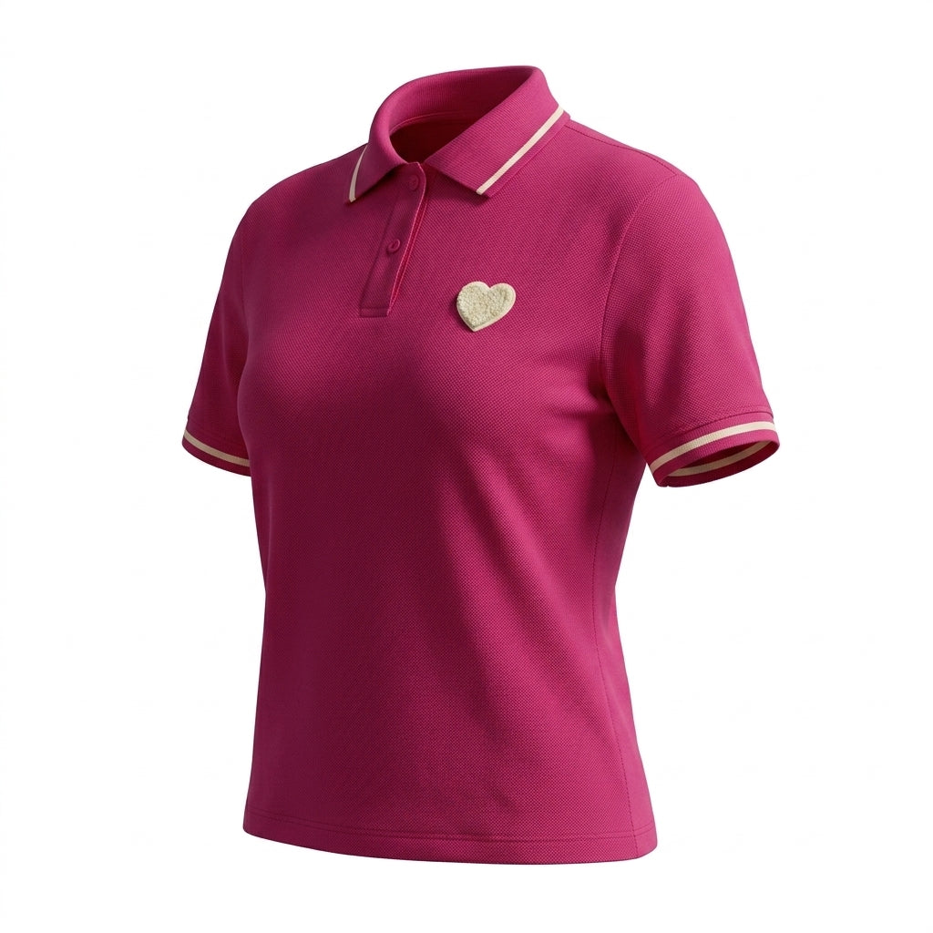 Casual Contrast Trim Short Sleeve Polo Top With Heart