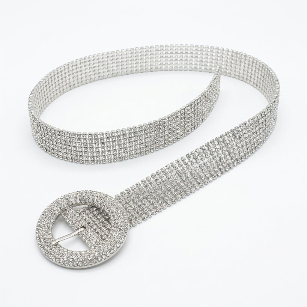 Women Tone Rhinestone Mesh Waist Belt With Rou Buckle