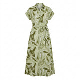 Women Leaf Print Button Front Midi Dress
