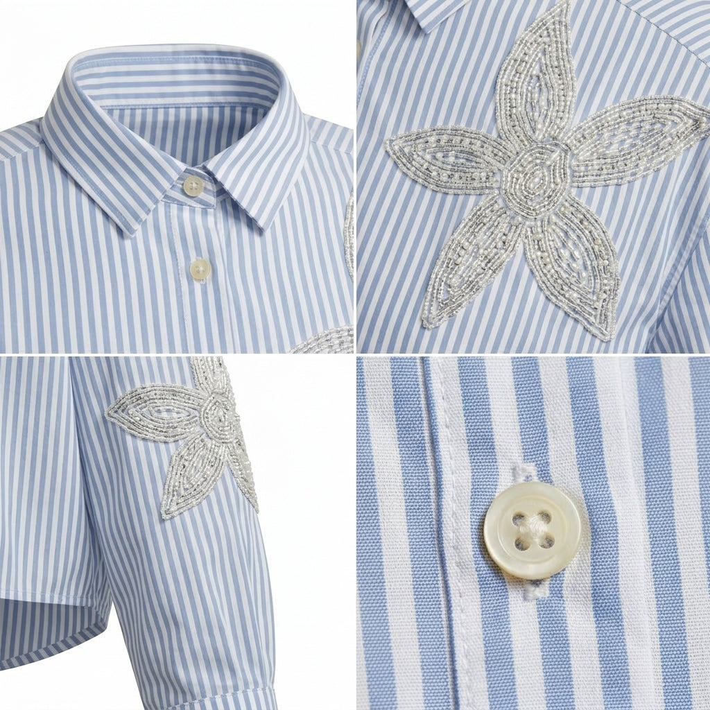Girls Striped Floral Lace Cropped Shirt