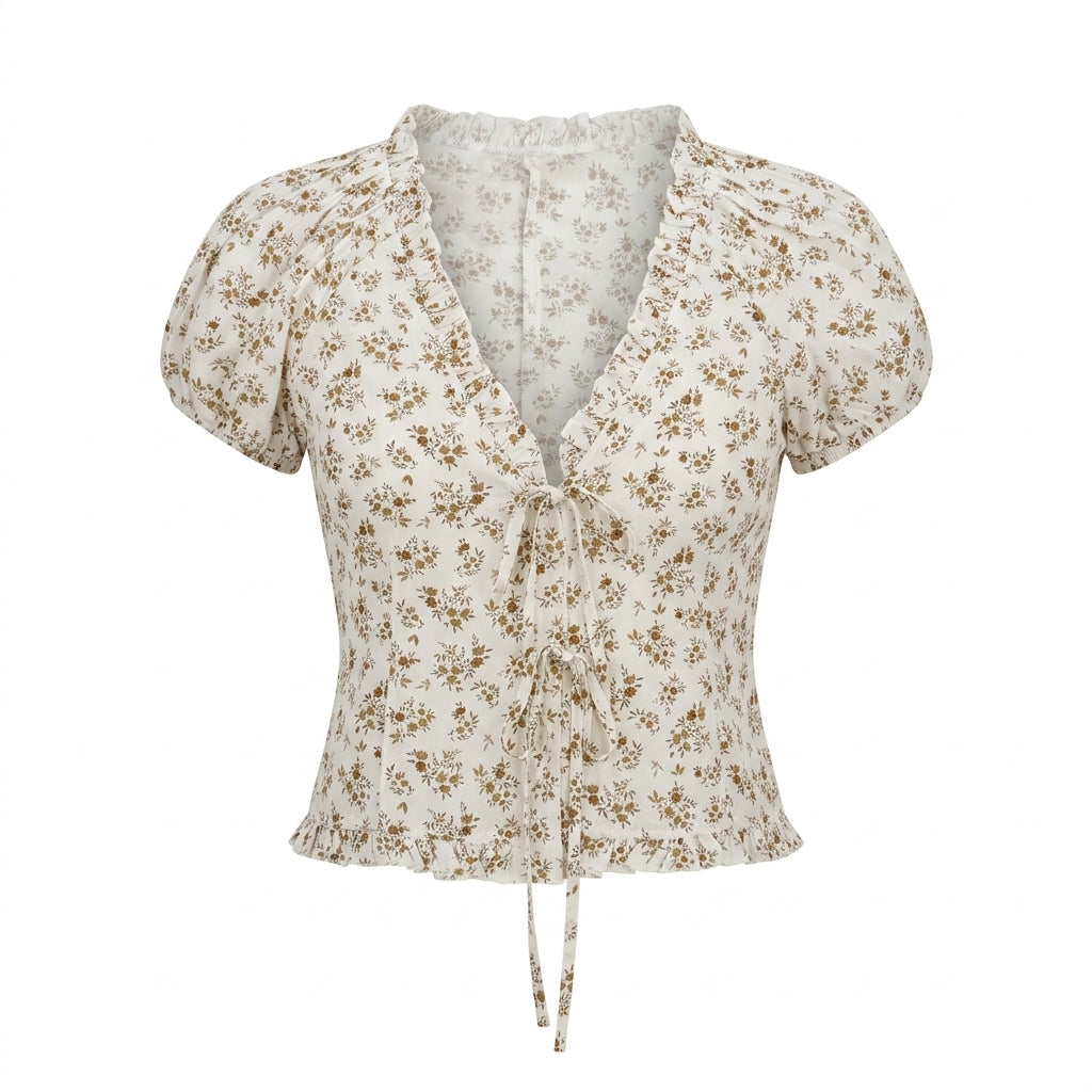 Floral Tie Front Blouse With Puff Sleeves