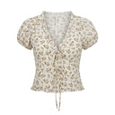 Floral Tie Front Blouse With Puff Sleeves