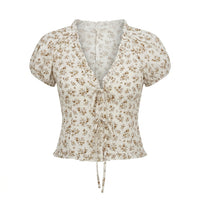 Floral Tie Front Blouse With Puff Sleeves