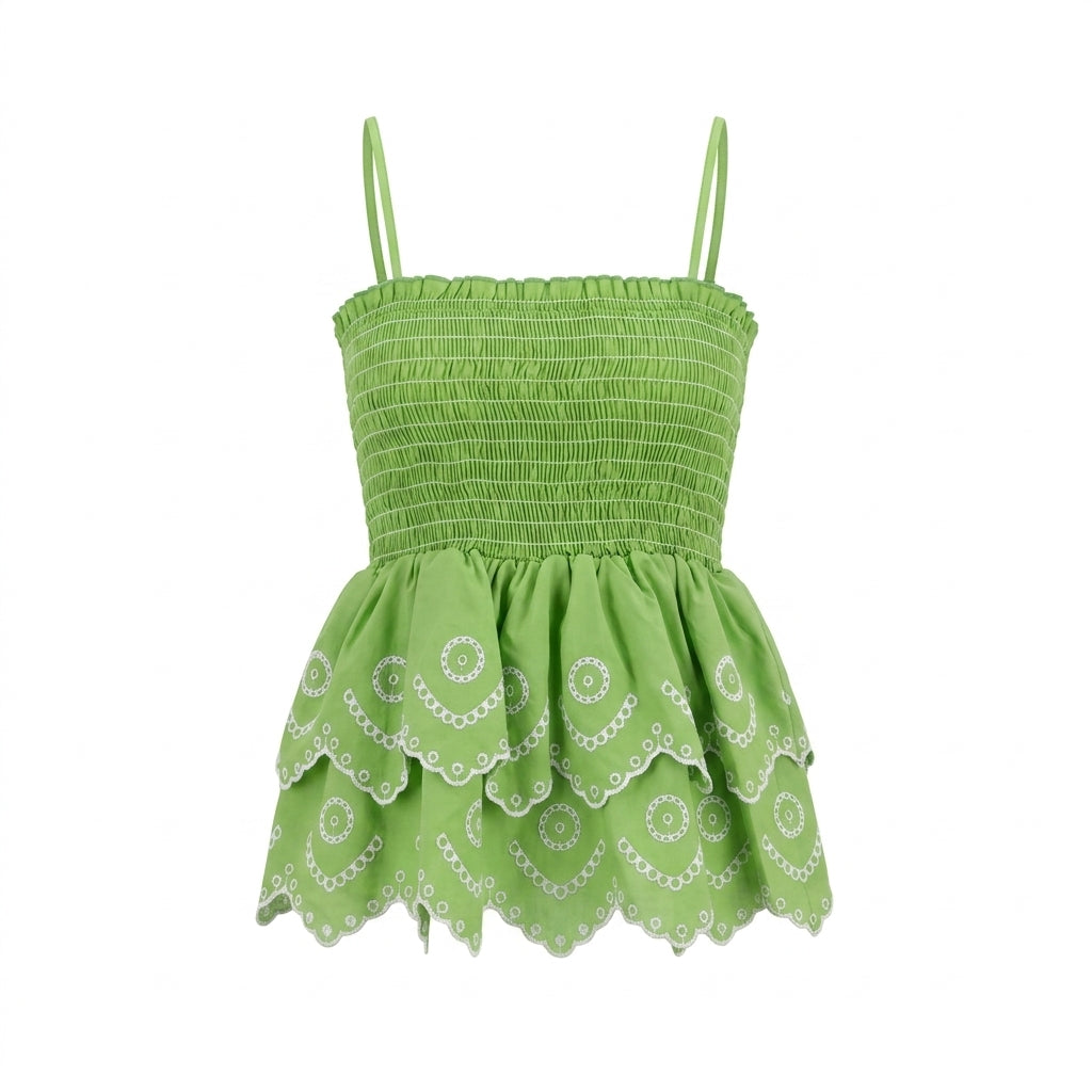 Casual Smocked Tiered Camisole Top With Embroidered Eyelet