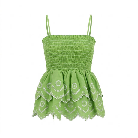 Casual Smocked Tiered Camisole Top With Embroidered Eyelet